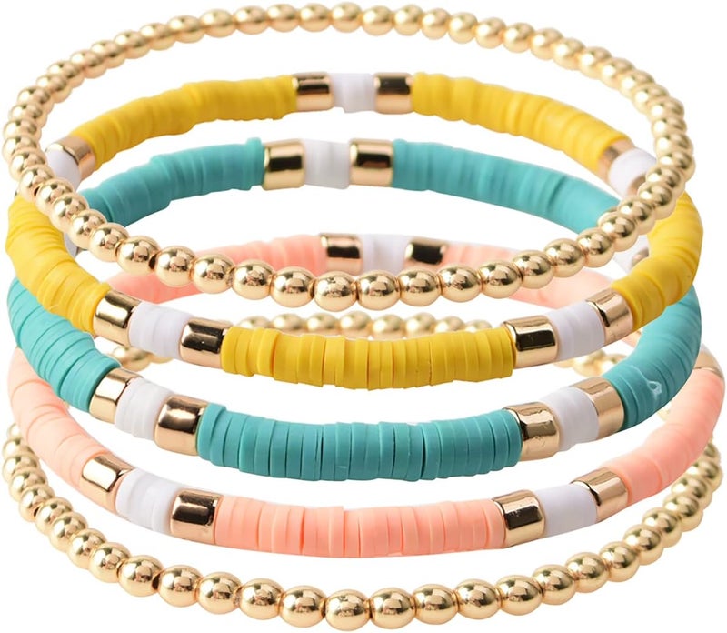 GOOJIDS Surfer Heishi Clay Bead Bracelets for Women Bohemian Stackable Gold Plated Beaded Stretch Bracelets Elastic Layering Friendship Bracelets Set Boho Jewelry - Image 1